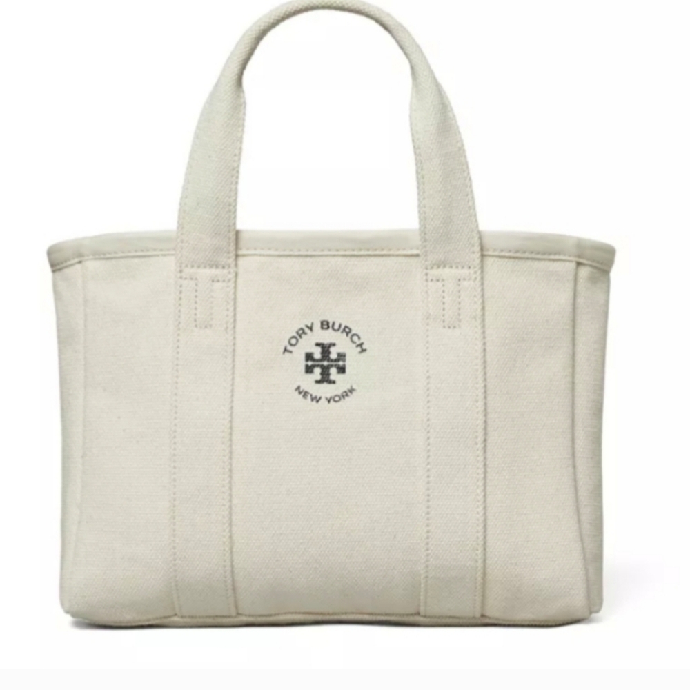 - TORY BURCH  Mercer Tote Hand Bag Purse Ivory Cotton Canvas Black Tory Lo…